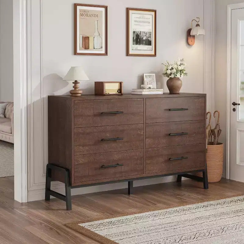 Commode large à 6 tiroirs, Grand meuble de rangement en bois, Organisateur de placard autoportant pour chambre à coucher, salon, entrée