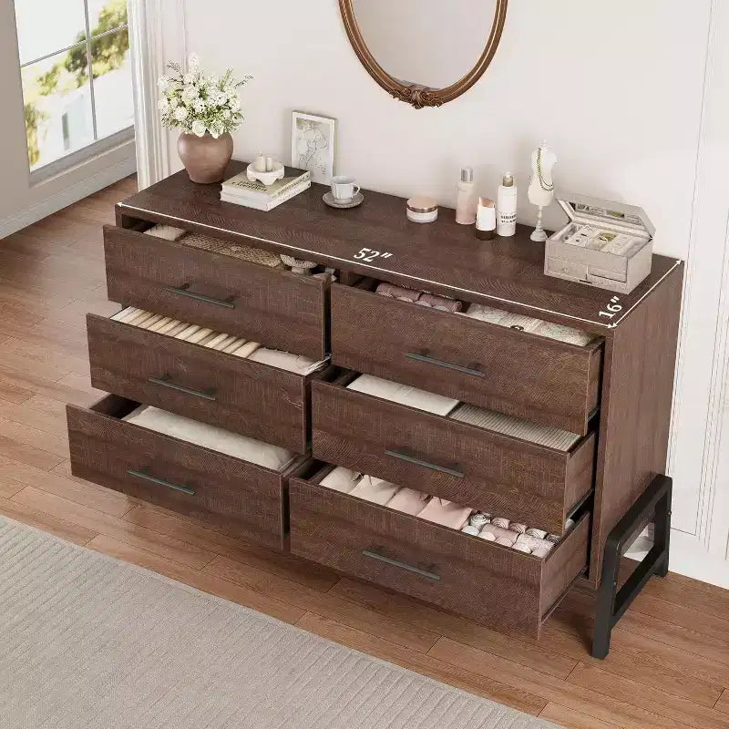 Commode large à 6 tiroirs, Grand meuble de rangement en bois, Organisateur de placard autoportant pour chambre à coucher, salon, entrée
