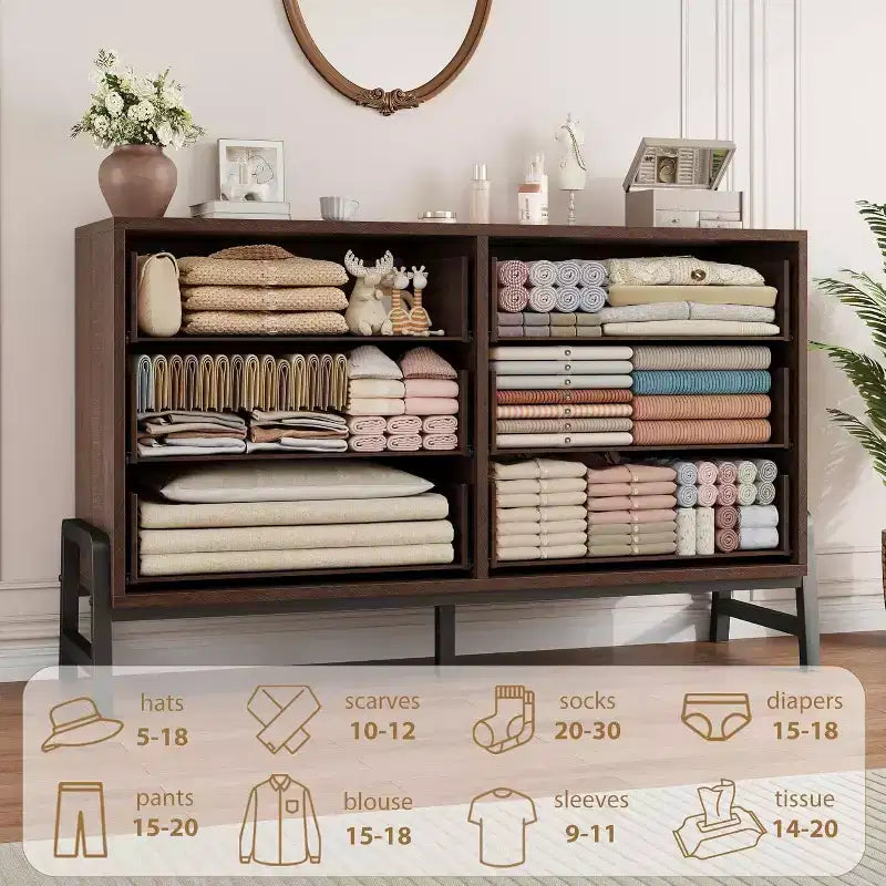 Commode large à 6 tiroirs, Grand meuble de rangement en bois, Organisateur de placard autoportant pour chambre à coucher, salon, entrée