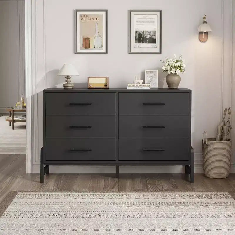 Commode large à 6 tiroirs, Grand meuble de rangement en bois, Organisateur de placard autoportant pour chambre à coucher, salon, entrée