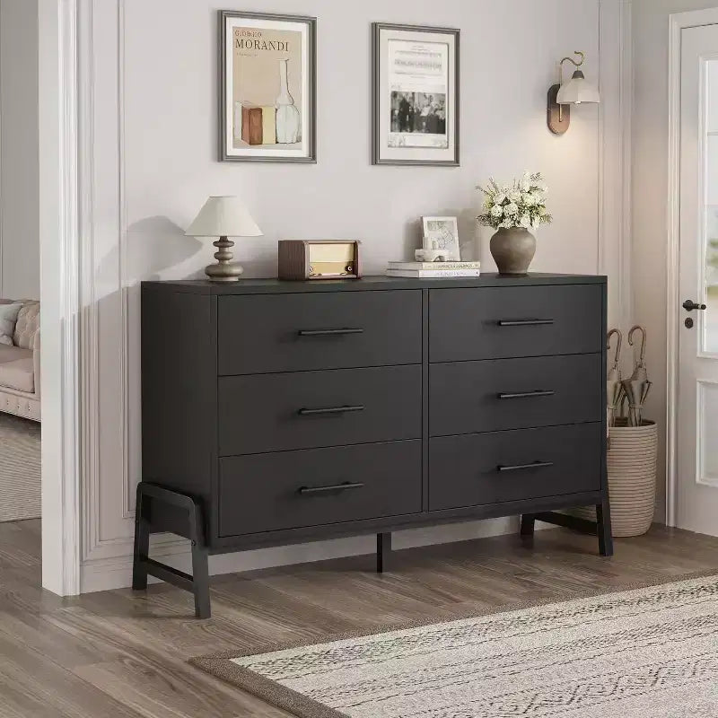 Commode large à 6 tiroirs, Grand meuble de rangement en bois, Organisateur de placard autoportant pour chambre à coucher, salon, entrée