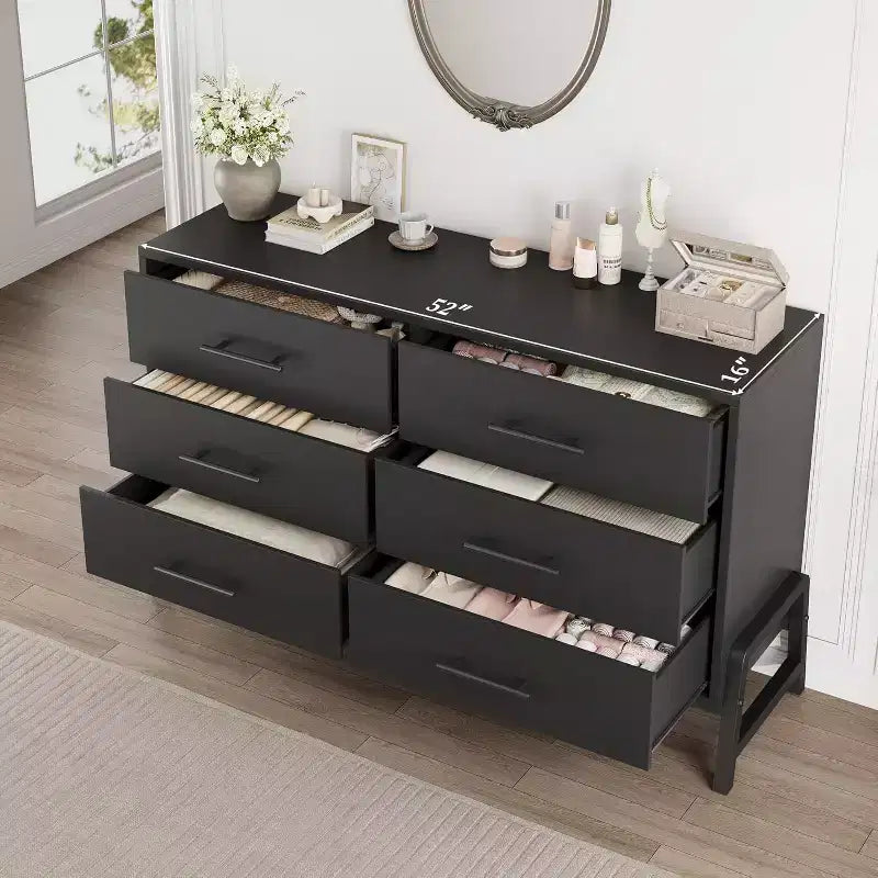 Commode large à 6 tiroirs, Grand meuble de rangement en bois, Organisateur de placard autoportant pour chambre à coucher, salon, entrée