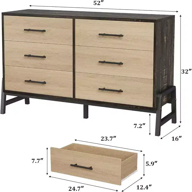 Commode large à 6 tiroirs, Grand meuble de rangement en bois, Organisateur de placard autoportant pour chambre à coucher, salon, entrée