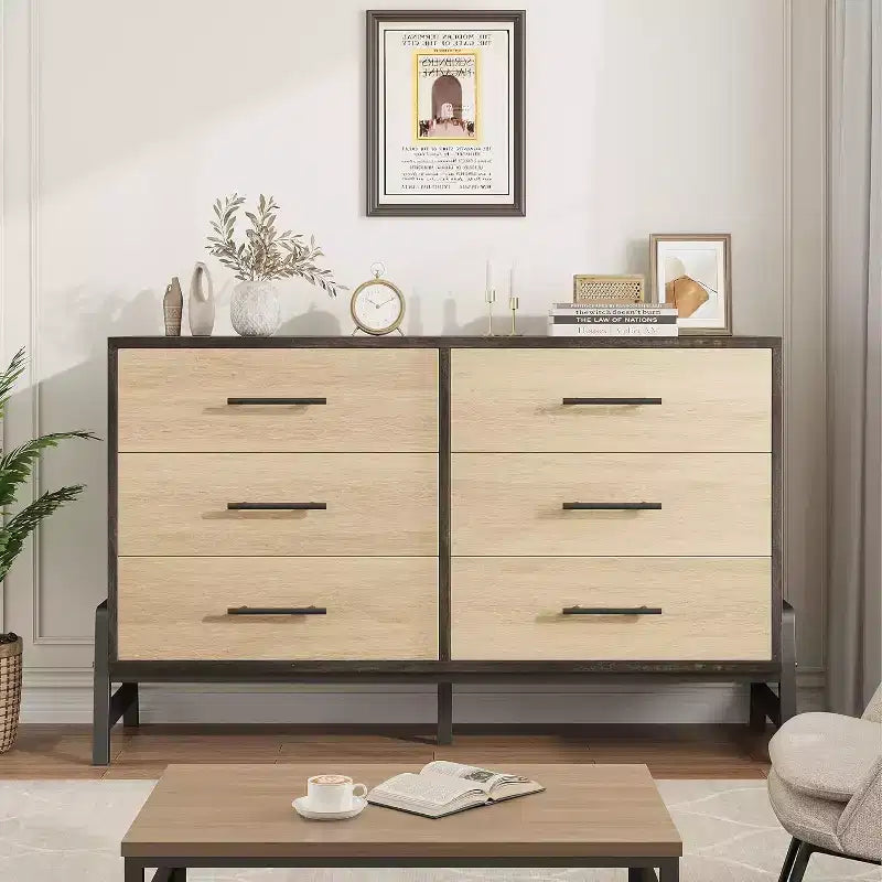 Commode large à 6 tiroirs, Grand meuble de rangement en bois, Organisateur de placard autoportant pour chambre à coucher, salon, entrée