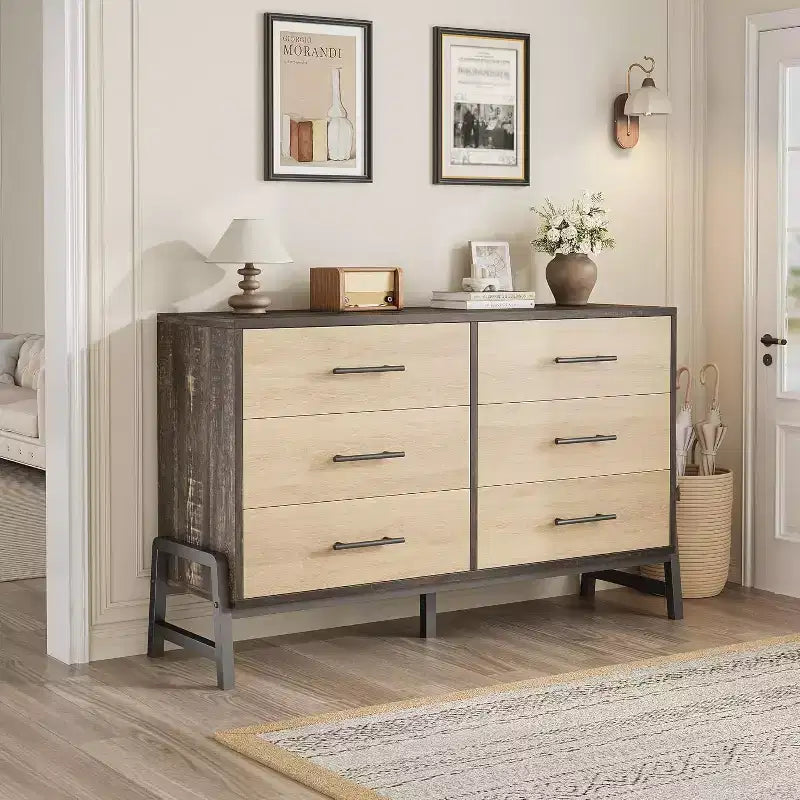 Commode large à 6 tiroirs, Grand meuble de rangement en bois, Organisateur de placard autoportant pour chambre à coucher, salon, entrée