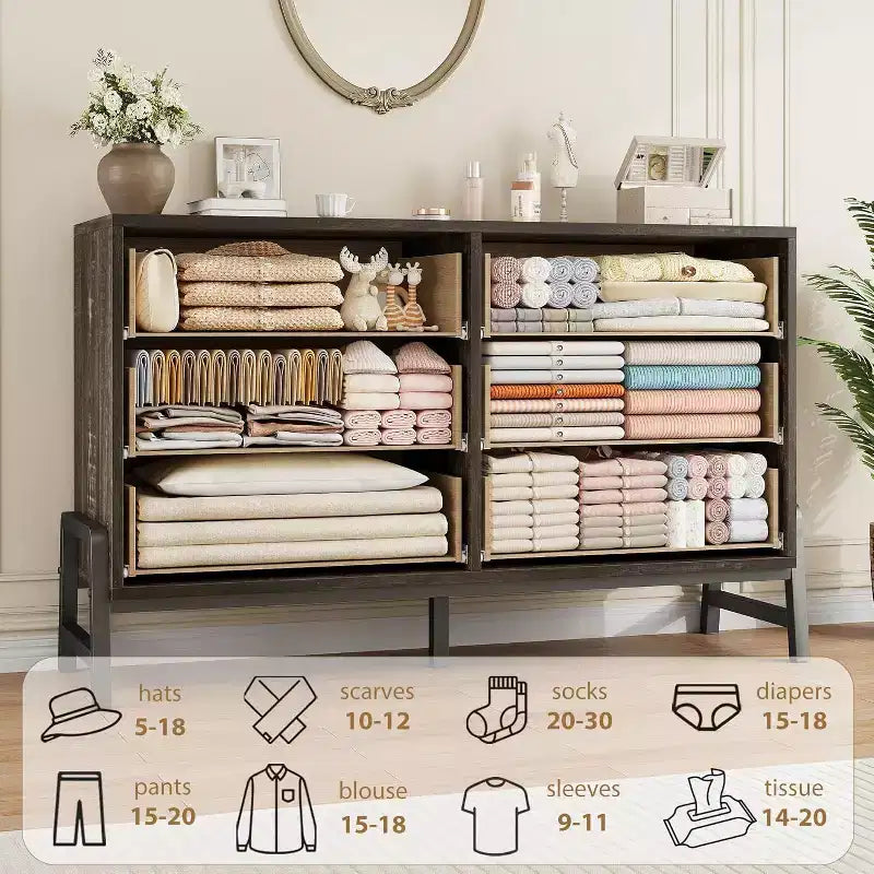 Commode large à 6 tiroirs, Grand meuble de rangement en bois, Organisateur de placard autoportant pour chambre à coucher, salon, entrée