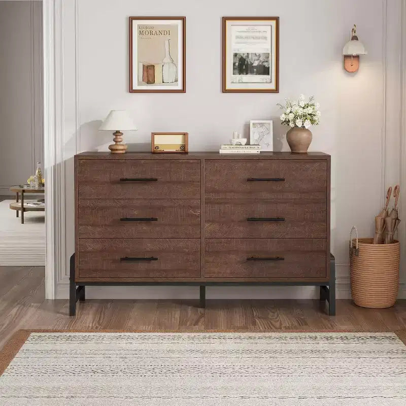 Commode large à 6 tiroirs, Grand meuble de rangement en bois, Organisateur de placard autoportant pour chambre à coucher, salon, entrée