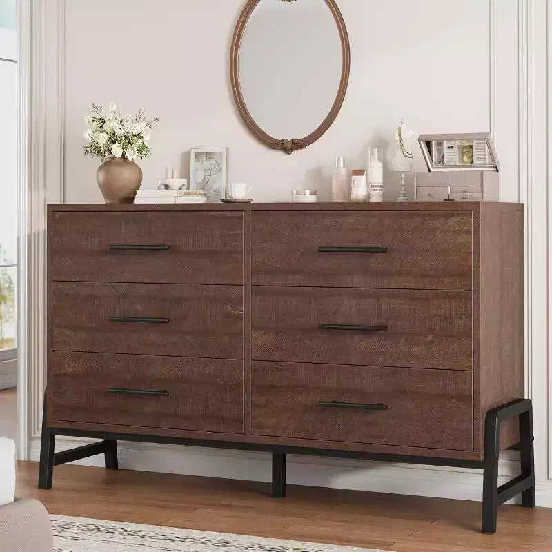 Commode large à 6 tiroirs, Grand meuble de rangement en bois, Organisateur de placard autoportant pour chambre à coucher, salon, entrée