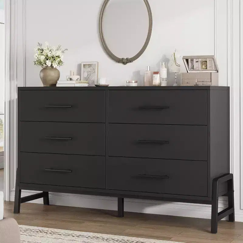 Commode large à 6 tiroirs, Grand meuble de rangement en bois, Organisateur de placard autoportant pour chambre à coucher, salon, entrée