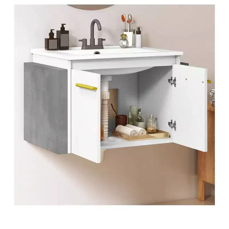 Meuble-lavabo de 24 po pour petite salle de bain, avec meuble vasque en céramique, lavabo inclus, fixation murale, meuble de rangement moderne pour salle de bain
