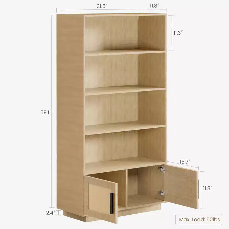 Étagère à 5 niveaux en rotin avec meuble de rangement et porte, bibliothèque industrielle haute avec étagères ouvertes pour salon chambre