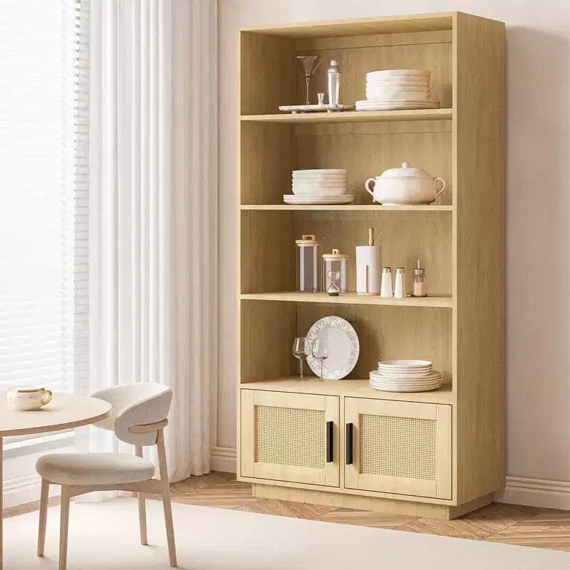Étagère à 5 niveaux en rotin avec meuble de rangement et porte, bibliothèque industrielle haute avec étagères ouvertes pour salon chambre