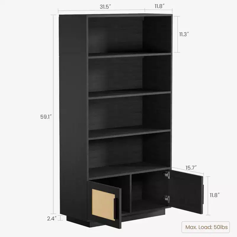 Étagère à 5 niveaux en rotin avec meuble de rangement et porte, bibliothèque industrielle haute avec étagères ouvertes pour salon chambre