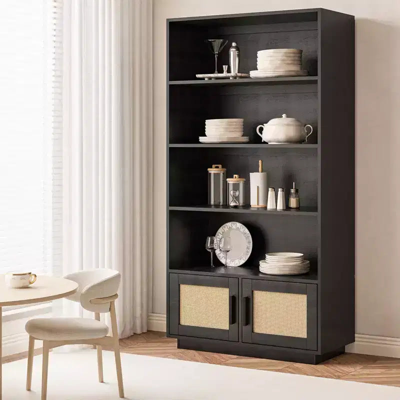 Étagère à 5 niveaux en rotin avec meuble de rangement et porte, bibliothèque industrielle haute avec étagères ouvertes pour salon chambre