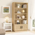 CuisinSmart 5 Tier Rattan Bookshelf with Storage Cabinet & Door, Tall Industrial Book Shelf with Open Shelves for Living Room Bedroom