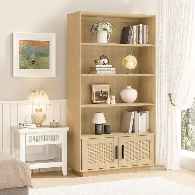 CuisinSmart 5 Tier Rattan Bookshelf with Storage Cabinet & Door, Tall Industrial Book Shelf with Open Shelves for Living Room Bedroom