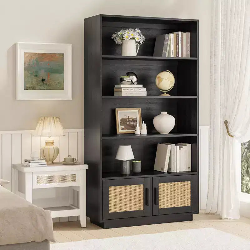 Étagère à 5 niveaux en rotin avec meuble de rangement et porte, bibliothèque industrielle haute avec étagères ouvertes pour salon chambre