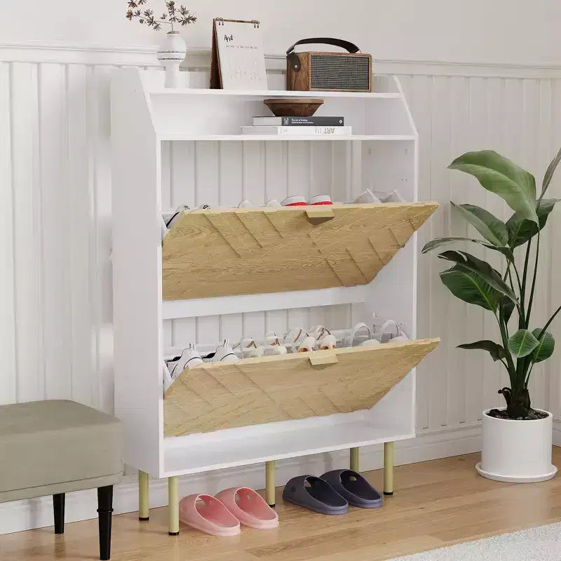 Wooden Shoe Cabinet with 2 Flip-Top Drawers, Narrow Freestanding Shoe Rack with Open Shelves, Concealed Shoe Rack for Entryways, Living Rooms