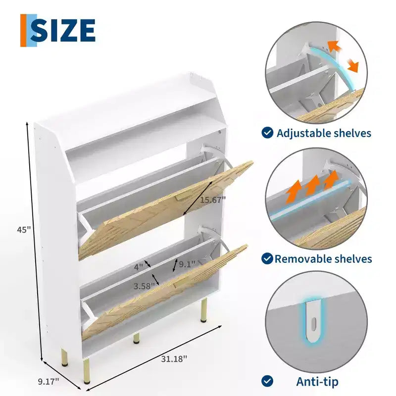Meuble à chaussures en bois avec 2 tiroirs basculants, étagère à chaussures étroite autoportante avec étagères ouvertes, meuble à chaussures dissimulé pour entrées, salons