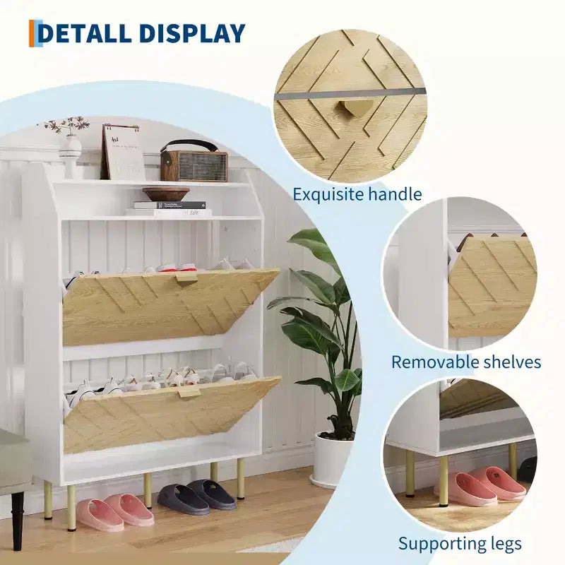 Meuble à chaussures en bois avec 2 tiroirs basculants, étagère à chaussures étroite autoportante avec étagères ouvertes, meuble à chaussures dissimulé pour entrées, salons