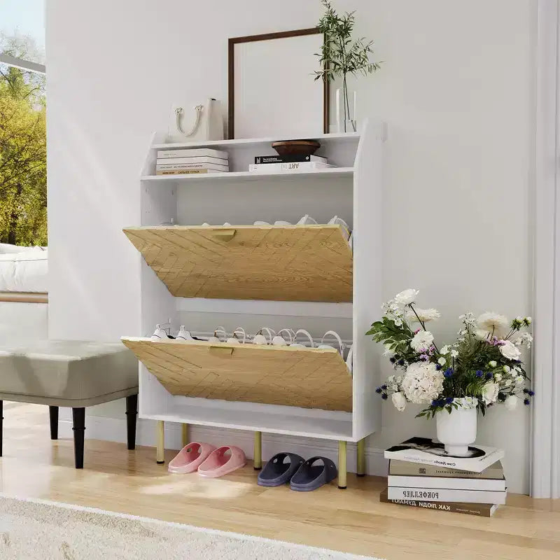 Meuble à chaussures en bois avec 2 tiroirs basculants, étagère à chaussures étroite autoportante avec étagères ouvertes, meuble à chaussures dissimulé pour entrées, salons