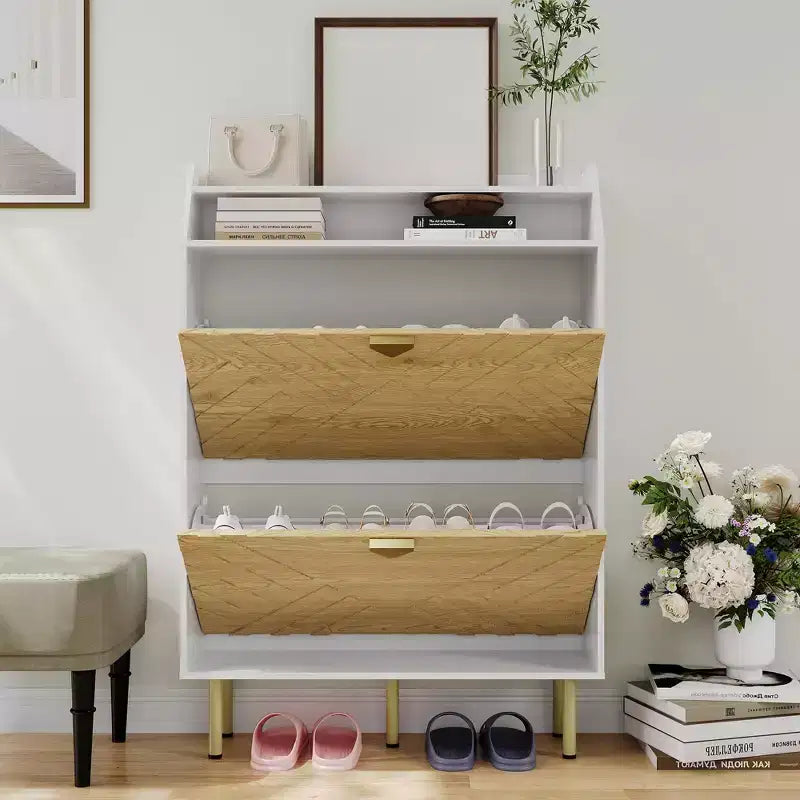 Meuble à chaussures en bois avec 2 tiroirs basculants, étagère à chaussures étroite autoportante avec étagères ouvertes, meuble à chaussures dissimulé pour entrées, salons