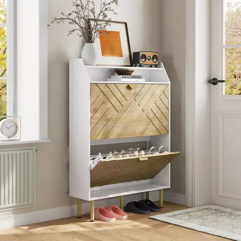 Meuble à chaussures en bois avec 2 tiroirs basculants, étagère à chaussures étroite autoportante avec étagères ouvertes, meuble à chaussures dissimulé pour entrées, salons