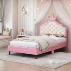 Twin/Full Princess Bed for Girls Kids, Wood Platform Bed Frame with Tufted Headboard, PU Bed Frame with Crown Upholstered Headboard, Pink
