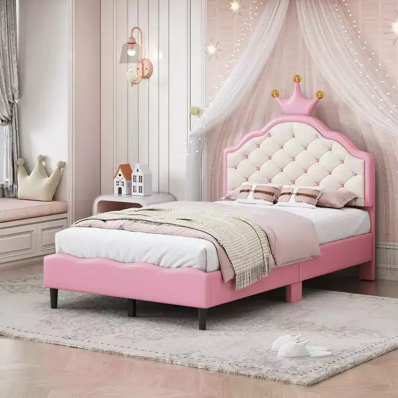 Twin/Full Princess Bed for Girls Kids, Wood Platform Bed Frame with Tufted Headboard, PU Bed Frame with Crown Upholstered Headboard, Pink