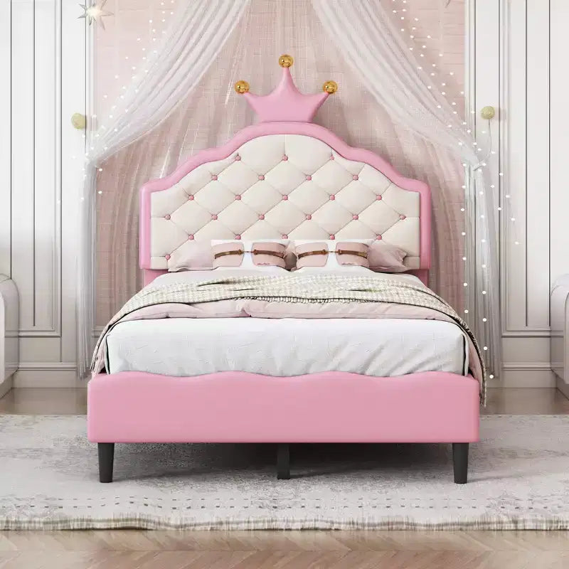 Lit double/double pour filles, cadre de lit plateforme en bois avec tête de lit capitonnée, cadre de lit en PU avec tête de lit capitonnée en forme de couronne, rose