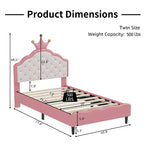Lit double/double pour filles, cadre de lit plateforme en bois avec tête de lit capitonnée, cadre de lit en PU avec tête de lit capitonnée en forme de couronne, rose