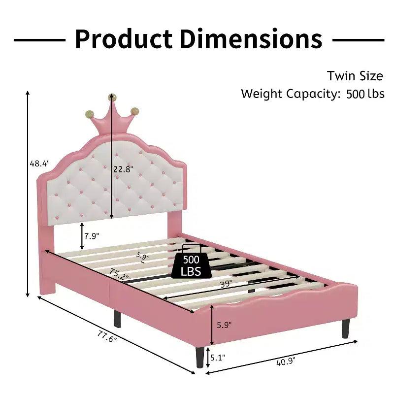 Lit double/double pour filles, cadre de lit plateforme en bois avec tête de lit capitonnée, cadre de lit en PU avec tête de lit capitonnée en forme de couronne, rose