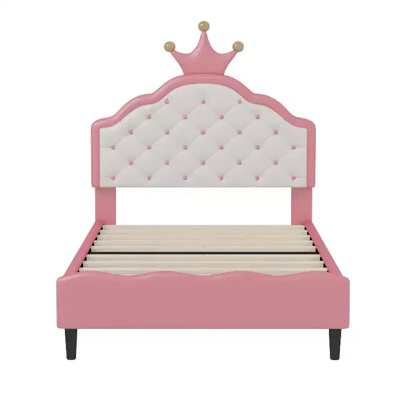 Lit double/double pour filles, cadre de lit plateforme en bois avec tête de lit capitonnée, cadre de lit en PU avec tête de lit capitonnée en forme de couronne, rose