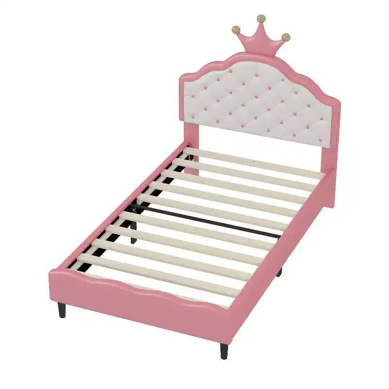 Lit double/double pour filles, cadre de lit plateforme en bois avec tête de lit capitonnée, cadre de lit en PU avec tête de lit capitonnée en forme de couronne, rose