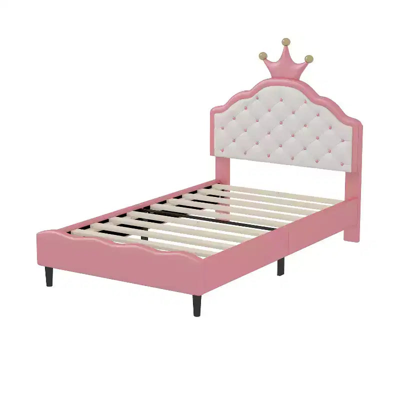 Lit double/double pour filles, cadre de lit plateforme en bois avec tête de lit capitonnée, cadre de lit en PU avec tête de lit capitonnée en forme de couronne, rose