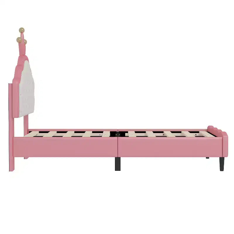 Lit double/double pour filles, cadre de lit plateforme en bois avec tête de lit capitonnée, cadre de lit en PU avec tête de lit capitonnée en forme de couronne, rose