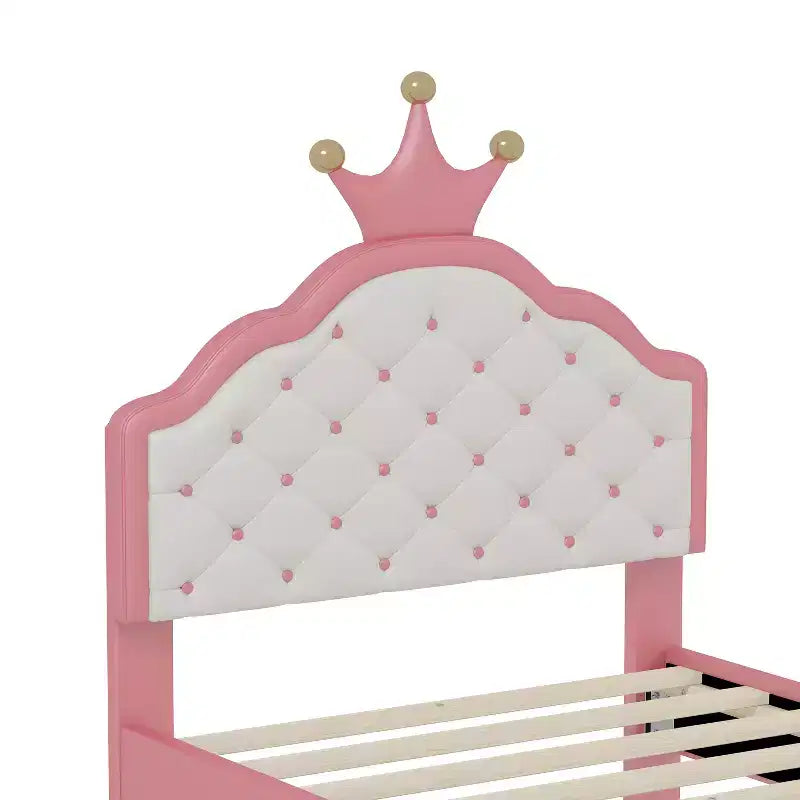 Lit double/double pour filles, cadre de lit plateforme en bois avec tête de lit capitonnée, cadre de lit en PU avec tête de lit capitonnée en forme de couronne, rose