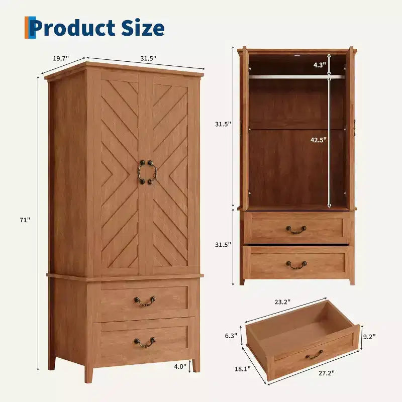 Armoire en bois de style ferme en forme de V de 71,06 pouces, placard de chambre haut avec 2 portes et tiroirs, tringle à vêtements, grande armoire de rangement autoportante.