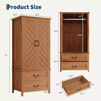 Armoire en bois de style ferme en forme de V de 71,06 pouces, placard de chambre haut avec 2 portes et tiroirs, tringle à vêtements, grande armoire de rangement autoportante.
