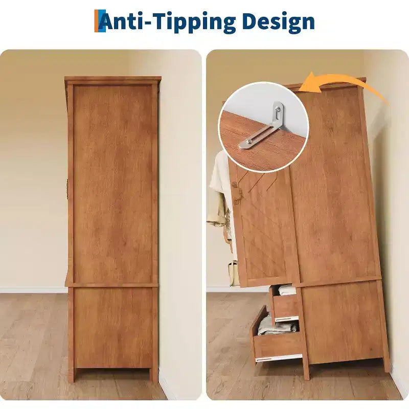 Armoire en bois de style ferme en forme de V de 71,06 pouces, placard de chambre haut avec 2 portes et tiroirs, tringle à vêtements, grande armoire de rangement autoportante.