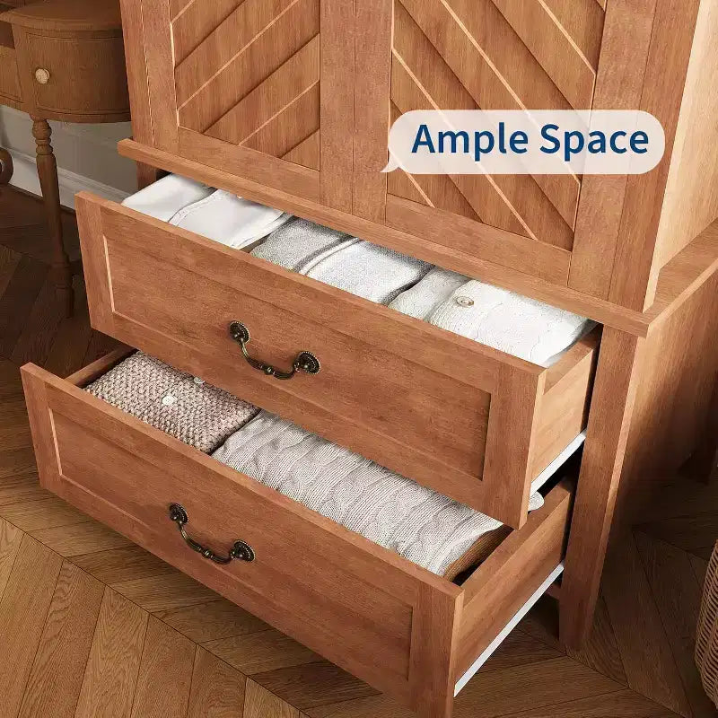 Armoire en bois de style ferme en forme de V de 71,06 pouces, placard de chambre haut avec 2 portes et tiroirs, tringle à vêtements, grande armoire de rangement autoportante.