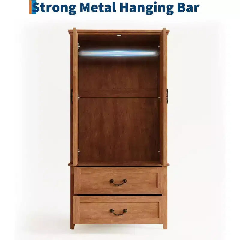 Armoire en bois de style ferme en forme de V de 71,06 pouces, placard de chambre haut avec 2 portes et tiroirs, tringle à vêtements, grande armoire de rangement autoportante.