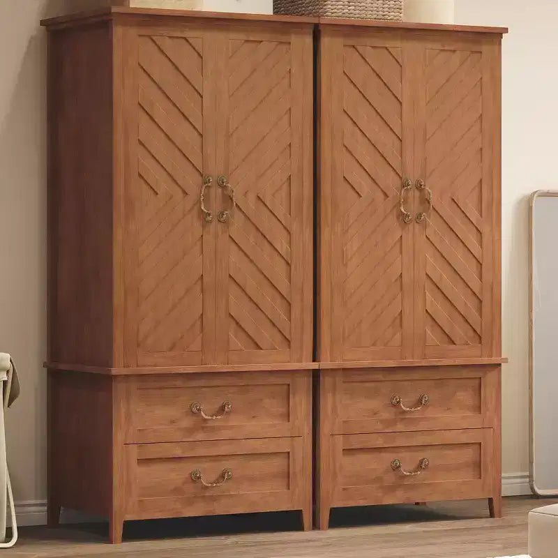 Armoire en bois de style ferme en forme de V de 71,06 pouces, placard de chambre haut avec 2 portes et tiroirs, tringle à vêtements, grande armoire de rangement autoportante.