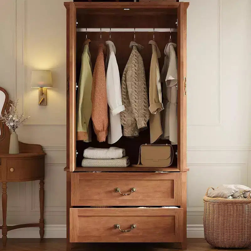 Armoire en bois de style ferme en forme de V de 71,06 pouces, placard de chambre haut avec 2 portes et tiroirs, tringle à vêtements, grande armoire de rangement autoportante.