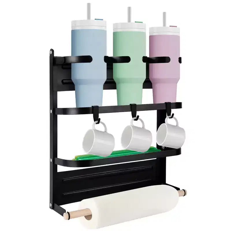 Magnetic Cup Holder for Refrigerator Side C Foldable Space-Saving Organizer with Shelf & Hooks, Holds 3 Large Cups, Sturdy Carbon Steel