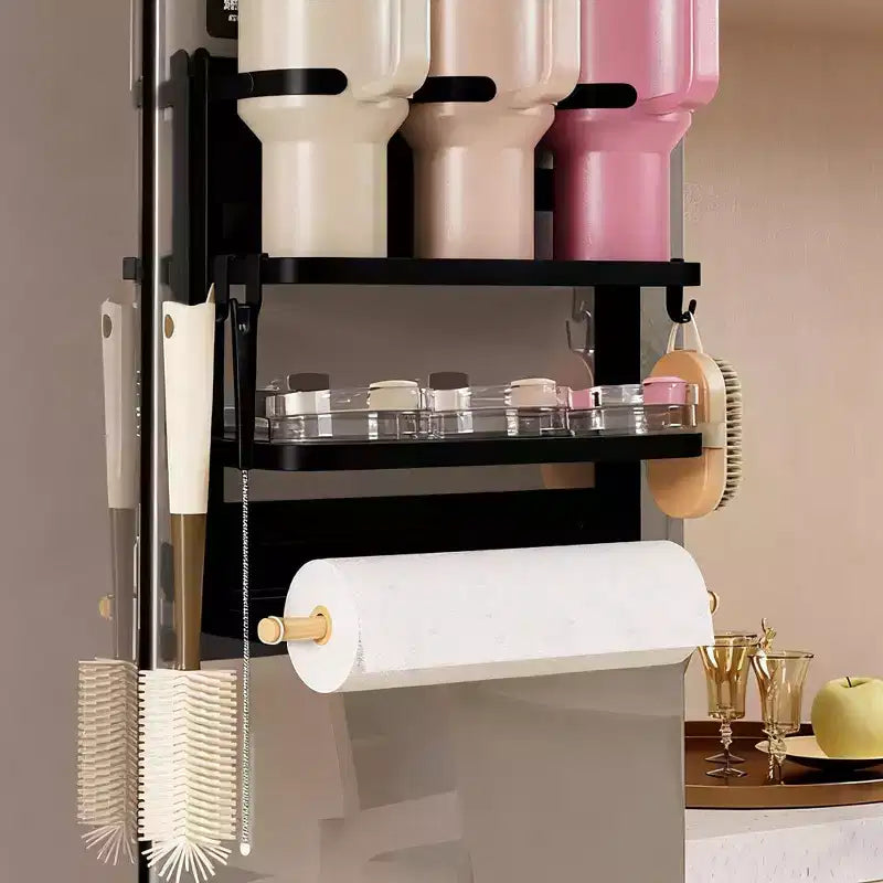 Support de Tasses Magnétique pour Côté de Réfrigérateur Pliable Rangement Gain de Place avec Étagère et Crochets, Peut Contenir 3 Grandes Tasses, Acier au Carbone Robuste