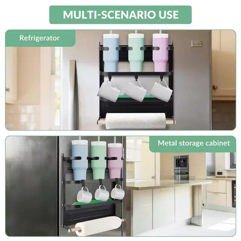 Support de Tasses Magnétique pour Côté de Réfrigérateur Pliable Rangement Gain de Place avec Étagère et Crochets, Peut Contenir 3 Grandes Tasses, Acier au Carbone Robuste