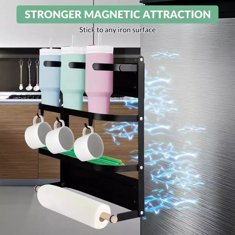 Support de Tasses Magnétique pour Côté de Réfrigérateur Pliable Rangement Gain de Place avec Étagère et Crochets, Peut Contenir 3 Grandes Tasses, Acier au Carbone Robuste