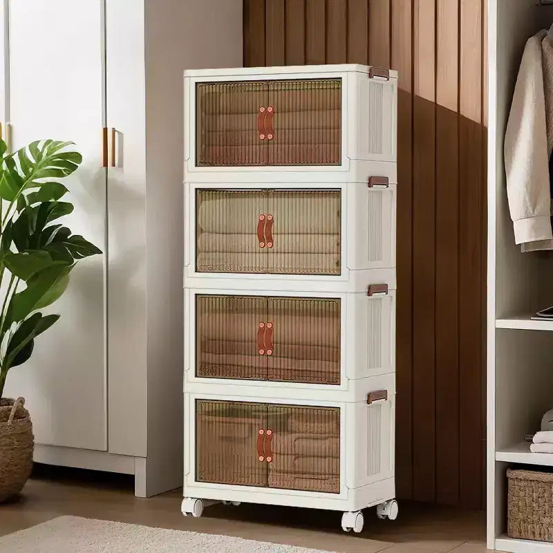 COZONY Foldable Storage Bins with Wheels, Stackable Organizer Bins with Translucent Doors for Home Closet Kitchen Organization