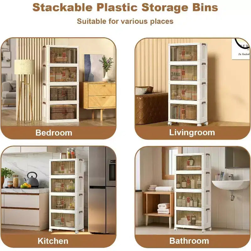 Bacs de rangement pliables à roulettes, Bacs de rangement empilables avec portes translucides pour l'organisation de la maison, du placard et de la cuisine